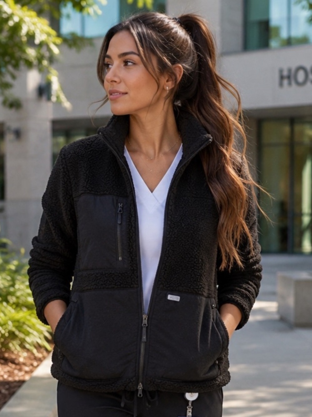 FIGS On-Shift High Pile Sherpa Jacket Black Size Medium Full Zip Fleece